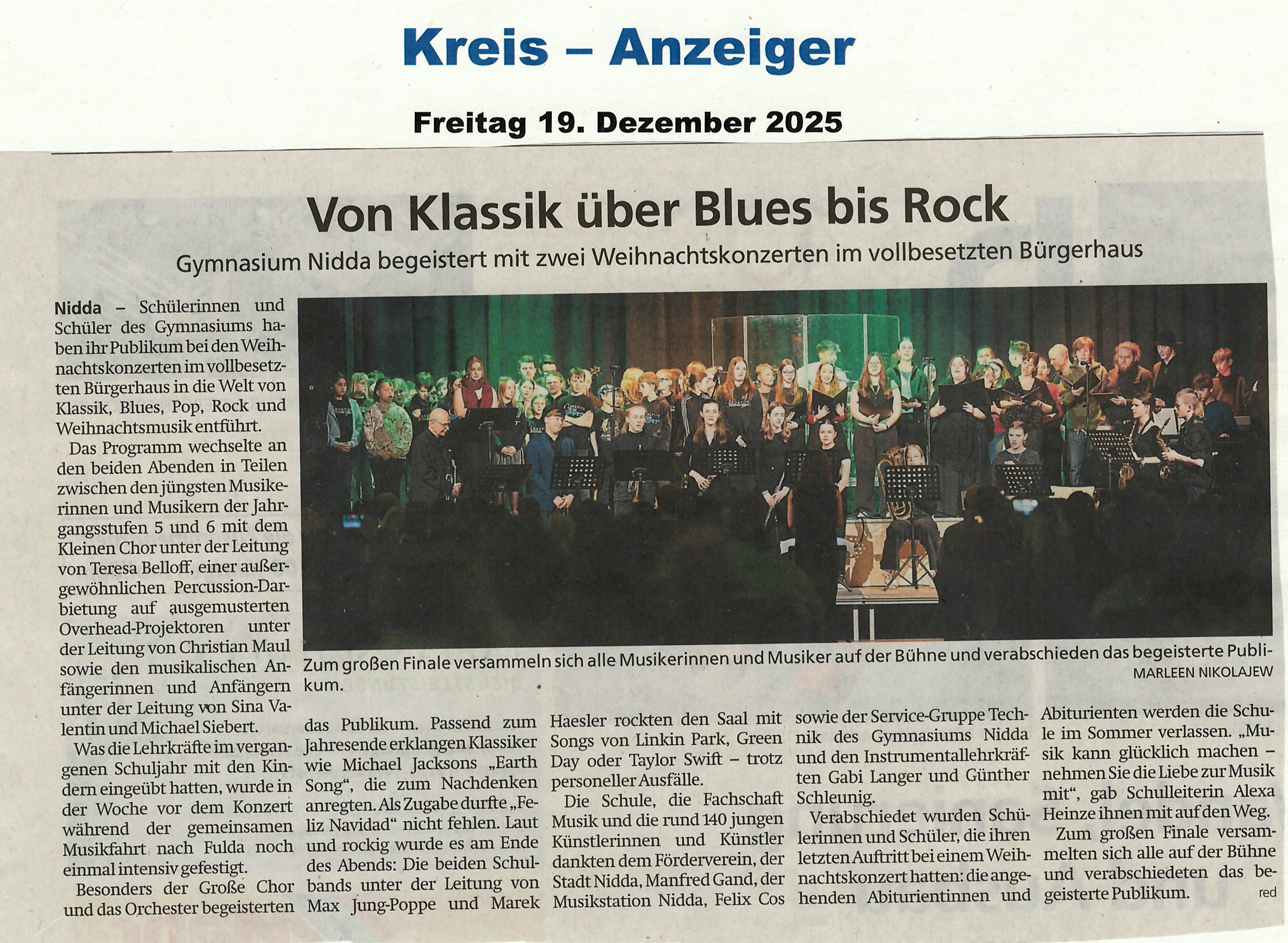 Von Klassik über Blues bis Rock - Gymnasium Nidda begeistert mit zwei Weihnachtskonzerten im vollbesetzten Bürgerhaus - Kreis Anzeiger vom 19.12.2025