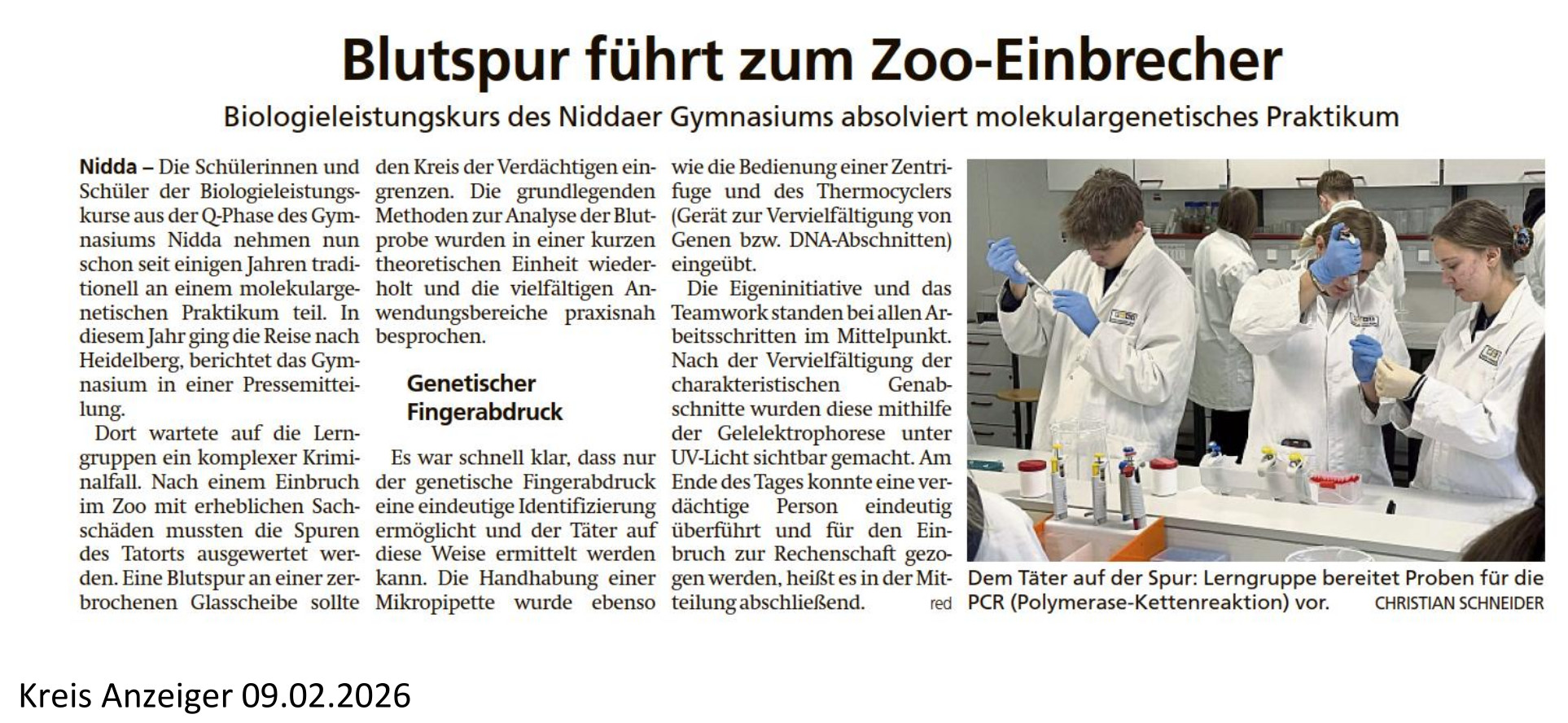 Blutspur führt zum Zoo-Einbrecher - Biologieleistungskurs des Niddaer Gymnasiums absolviert molekulargenetisches Praktikum - Kreis Anzeiger vom 09.02.2026