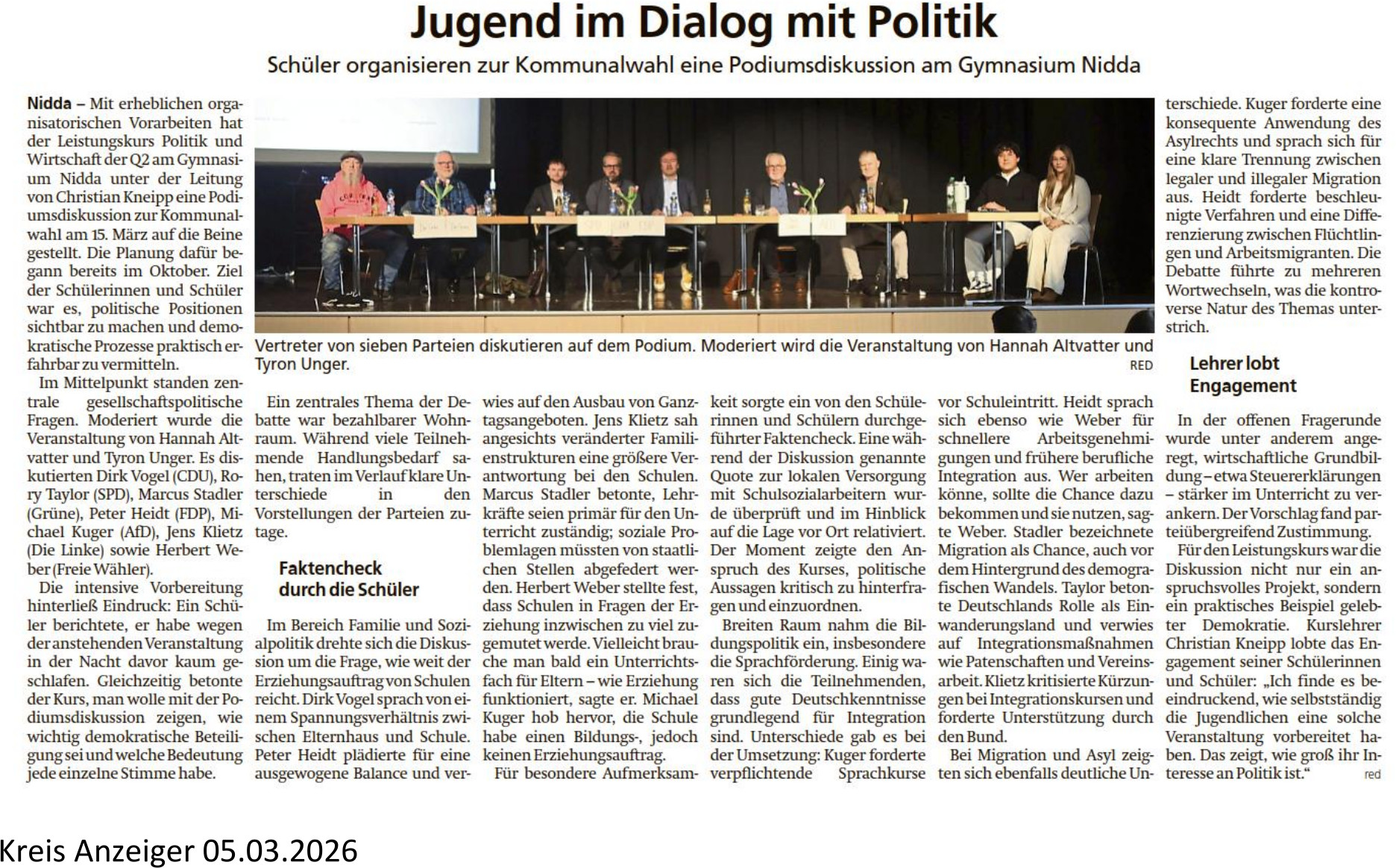 Jugend im Dialog mit Politik - Schüler organisieren zur Kommunalwahl eine Podiumsdiskussion am Gymnasium Nidda - Kreis Anzeiger vom 05.03.2026
