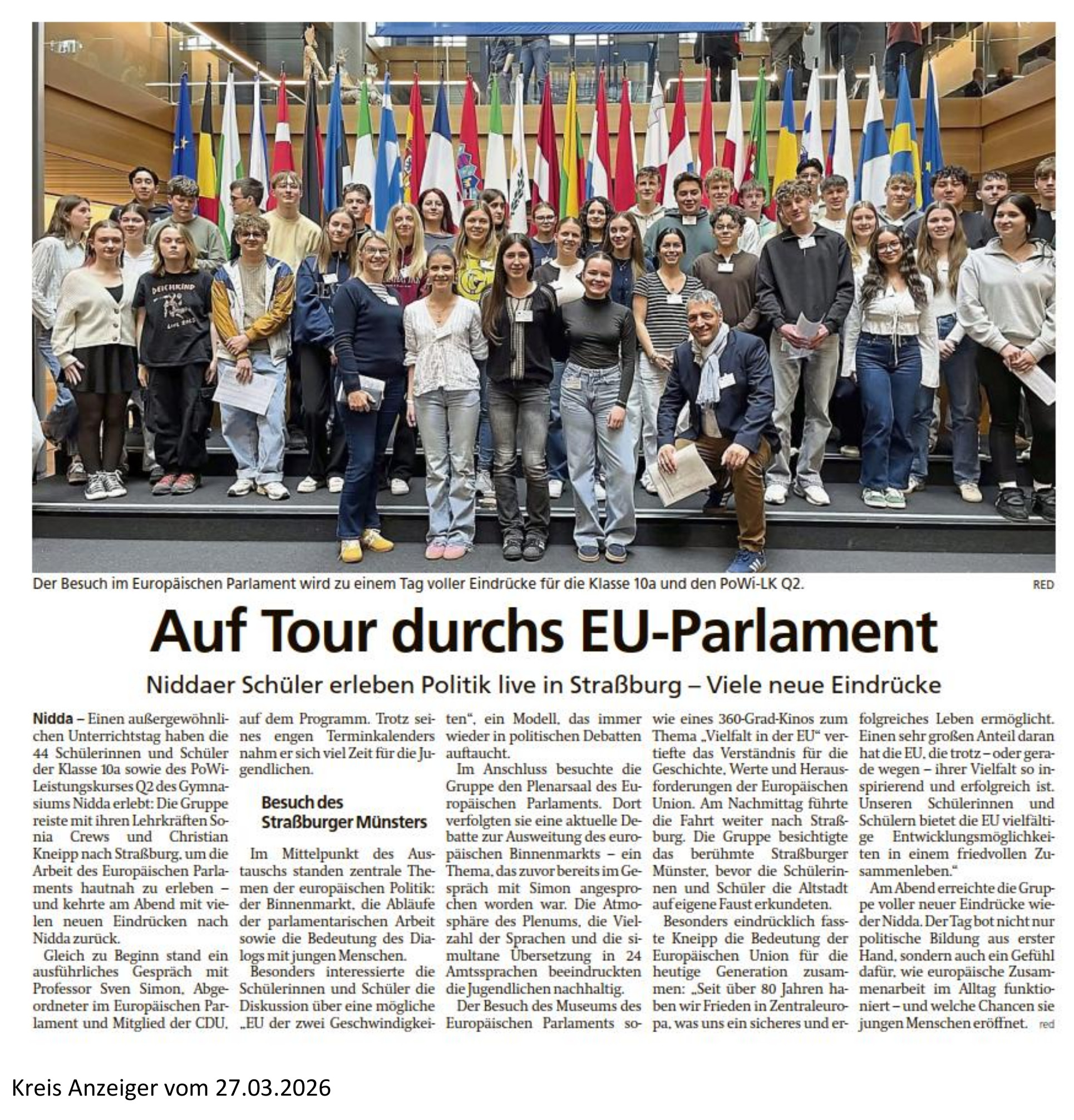 Auf Tour durchs EU-Parlament - Niddaer Schüler erleben Politik live in Straßburg - Viele neue Eindrücke - Kreis Anzeiger vom 27.03.2026
