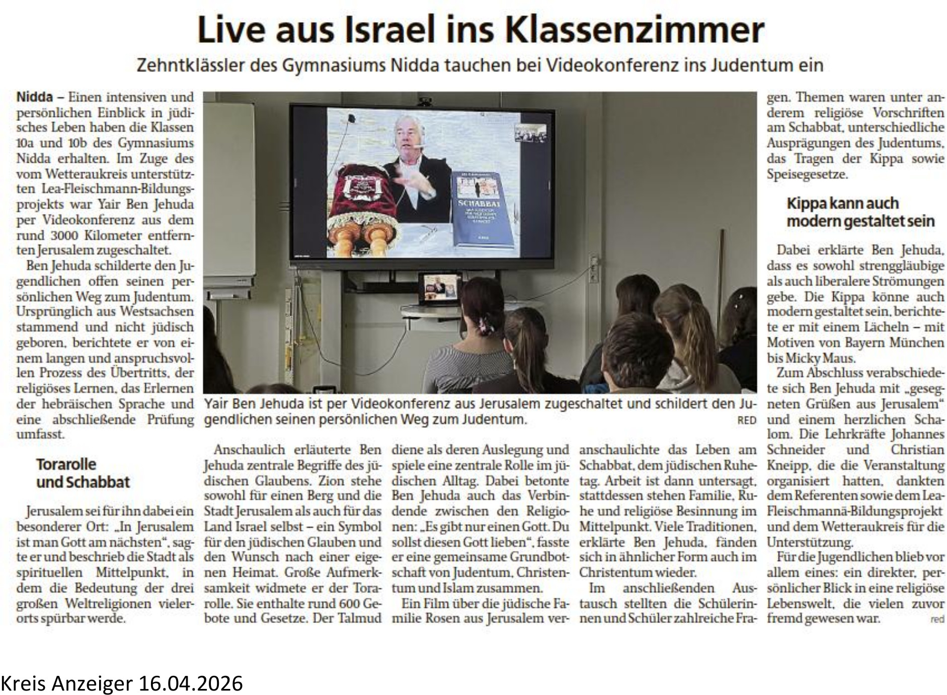 Live aus Israel ins Klassenzimmer - Zehntklässler des Gymnasiums Nidda tauchen bei Videokonferenz ins Judentum ein - Kreis Anzeiger vom 16.04.2026