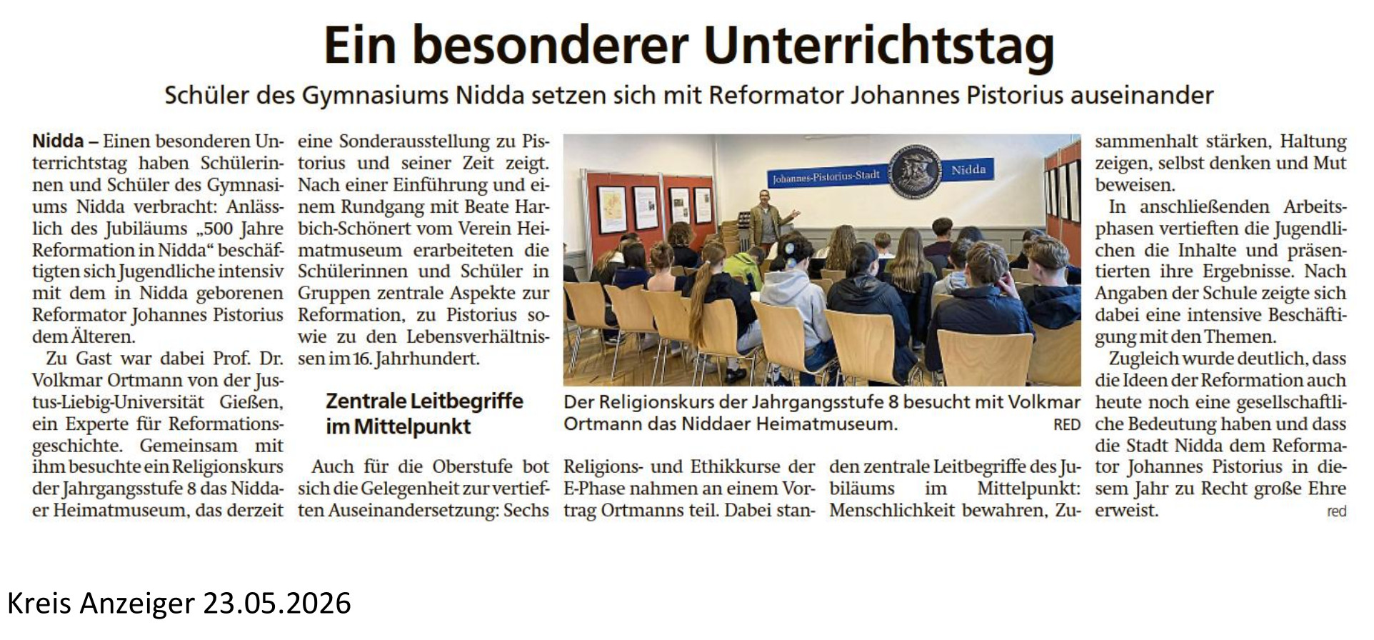 Ein besonderer Unterrichtstag - Schüler des Gymnasiums Nidda setzen sich mit Reformator Johannes Pistorius auseinander - Kreis Anzeiger vom 23.05.2026