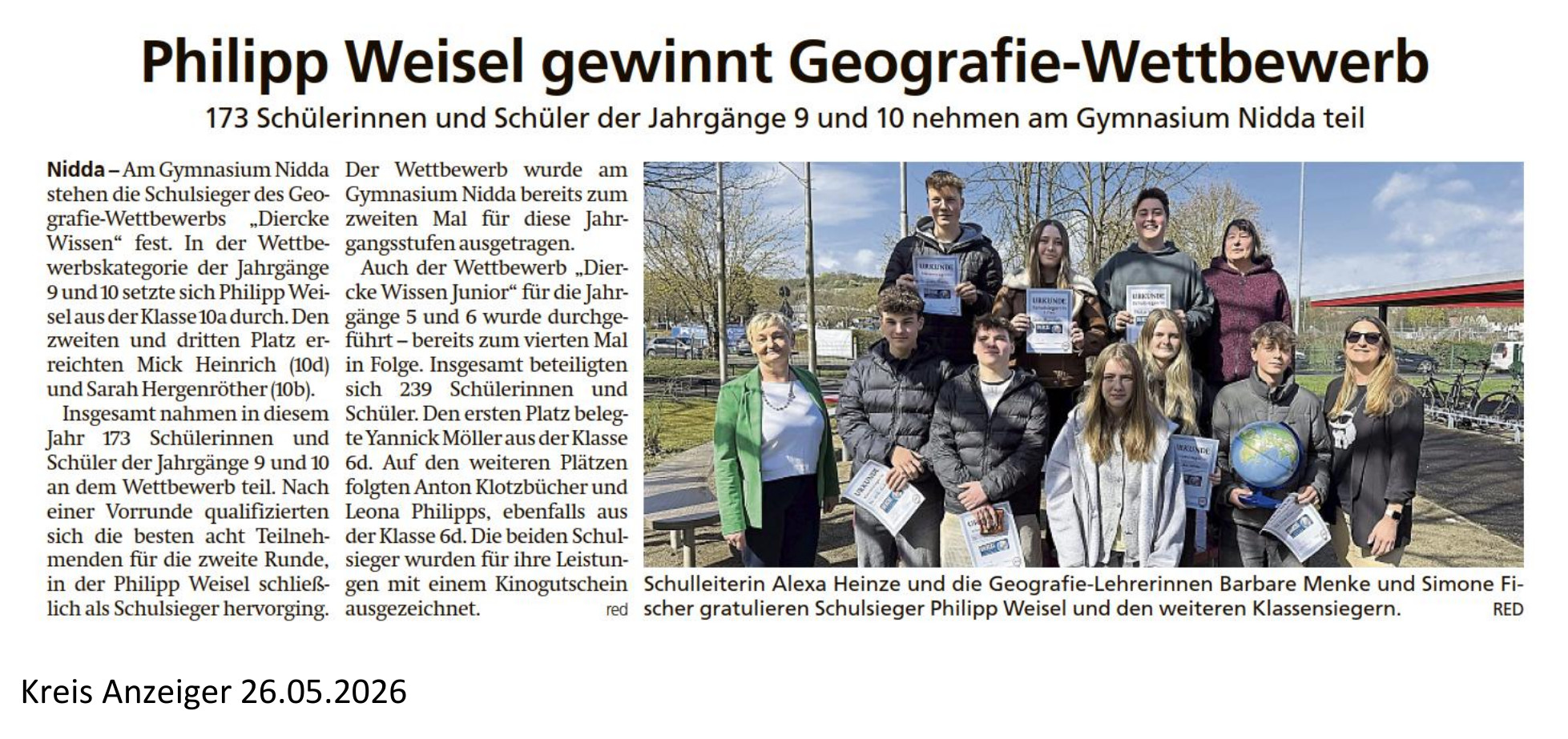 Philipp Weisel gewinnt Geographie-Wettbewerb - 173 Schülerinnen und Schüler der Jahrgänge 9 und 10 nehmen am Gymnasium Nidda teil - Kreis Anzeiger vom 26.05.2026