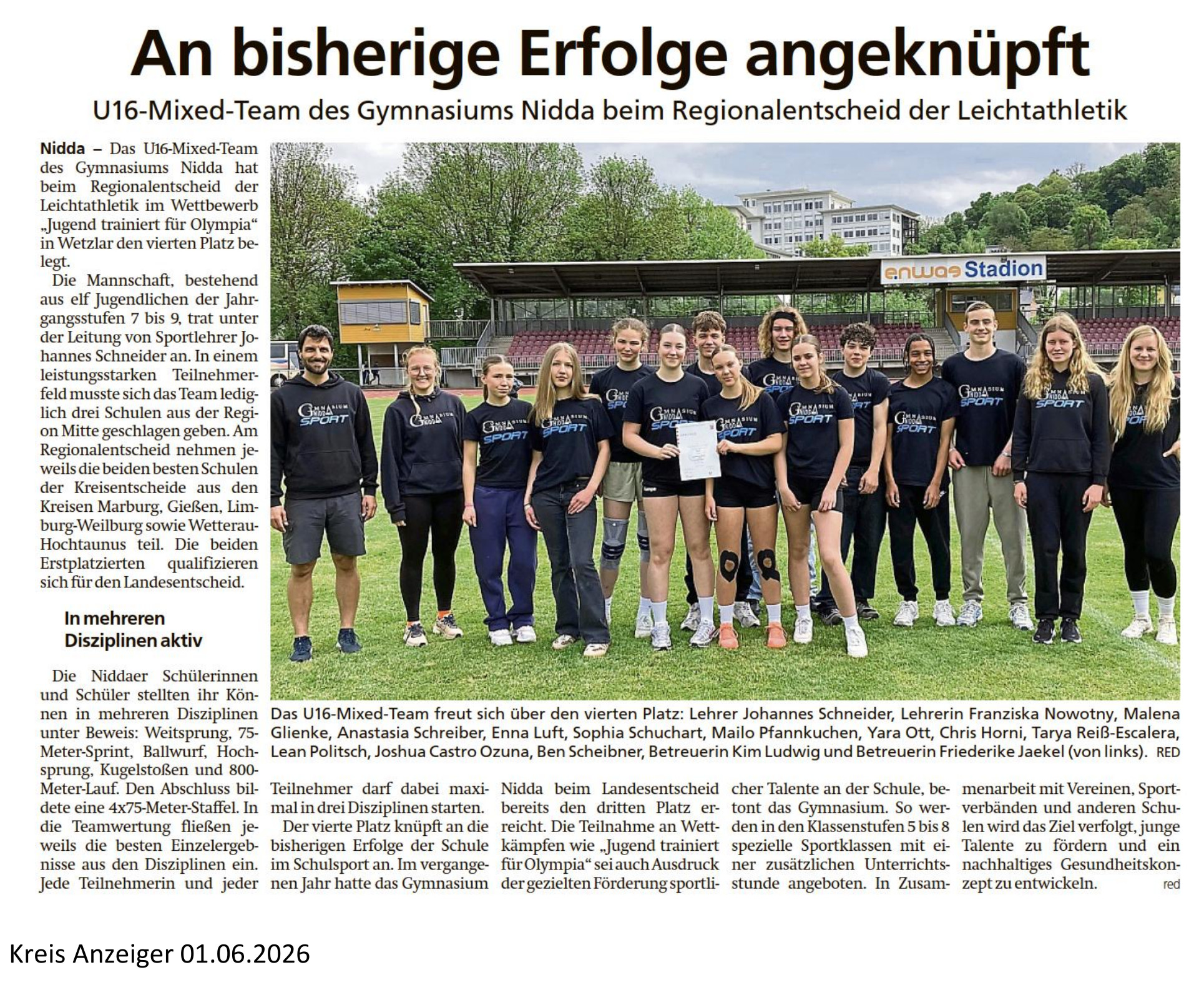 An bisherige Erfolge angeknüpft - U16-Mixed-Team des Gymnasiums Nidda beim Regionalentscheid der Leichtathletik - Kreis Anzeiger vom 01.06.2026