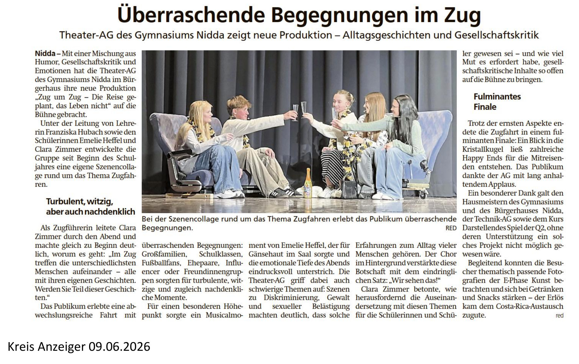 Überraschende Begegnungen im Zug - Theater-AG des Gymnasiums Nidda zeigt neue Produktion - Alltagsgeschichten und Gesellschaftskritik - Kreis Anzeiger vom 09.06.2026