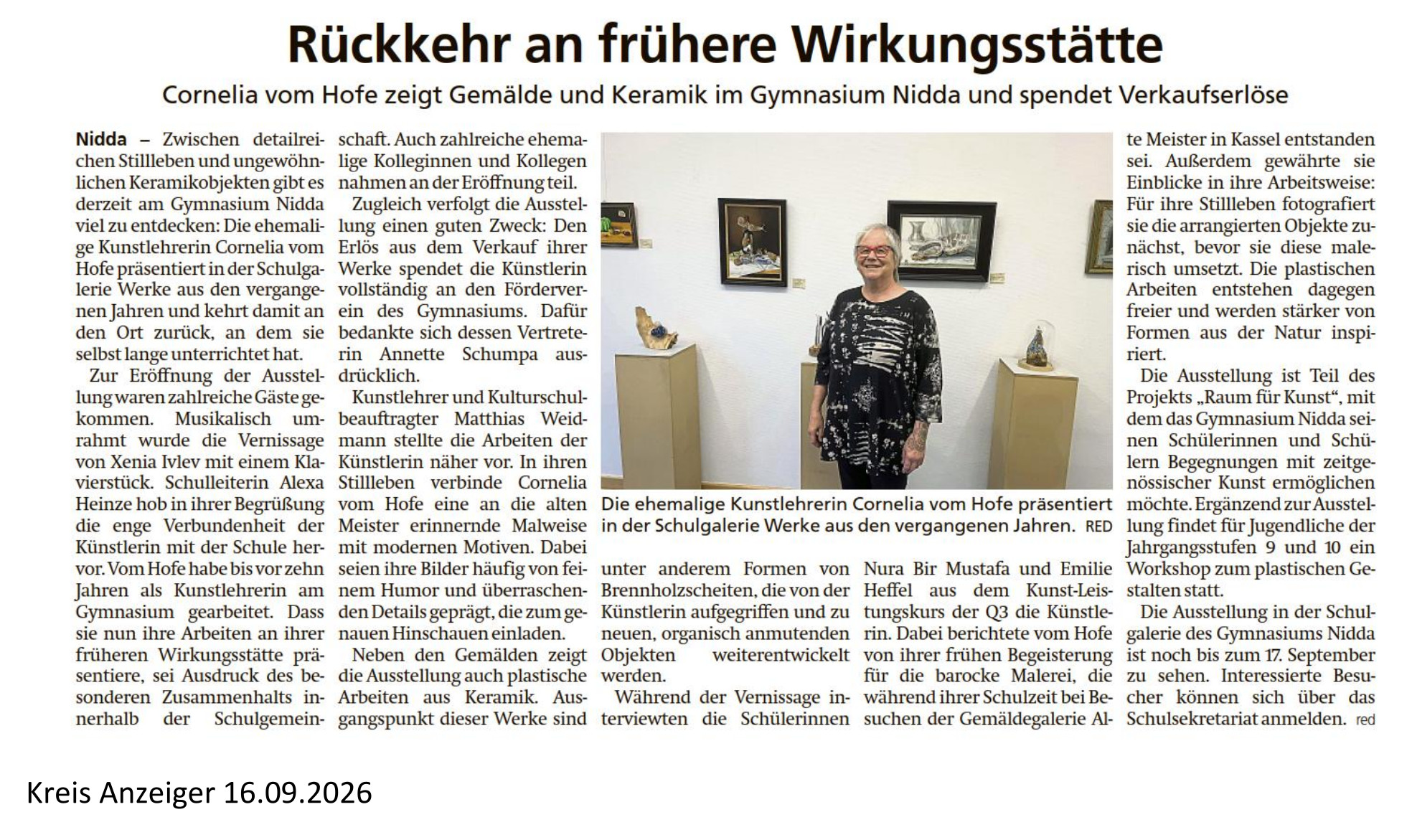 Rückkehr an frühere Wirkungsstätte - Cornelia vom Hofe zeigt Gemälde und Keramik am Gymnasium Nidda und spendet Verkaufserlöse - Kreis Anzeiger vom 16.09.2026